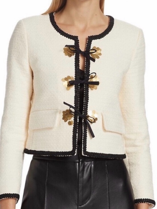 Derek Lam Jackets & Blazers - Derek Lam Cream Bouclé Cropped Jacket with Black Trim and Gold Accents